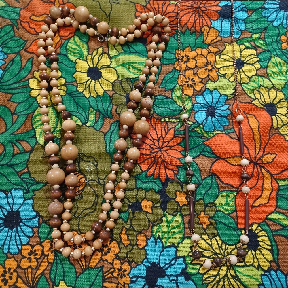 Wood Beaded Necklace Set Of 2 Brown and Cream Boho Jewelry Necklaces - Picture 9 of 9